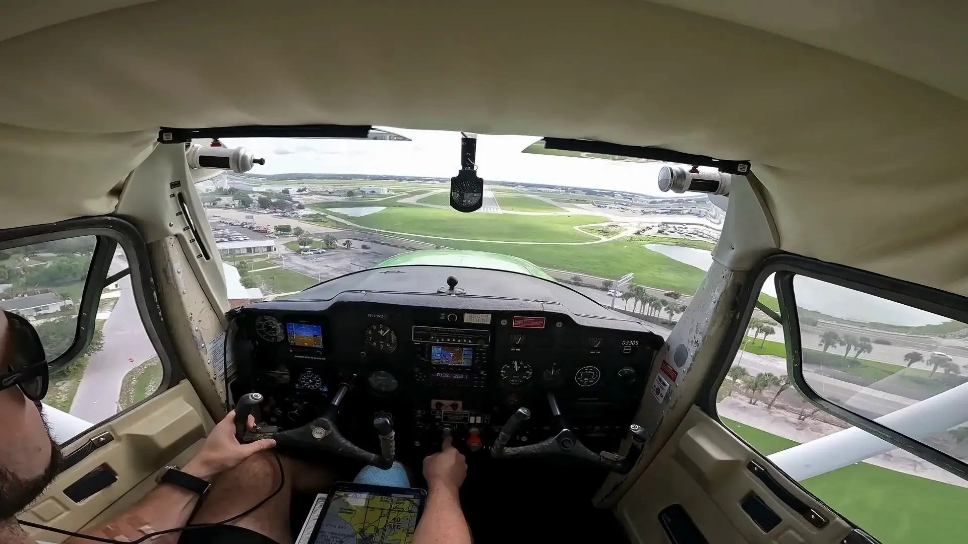 Runway viewed from the cockpit of an aircraft on approach