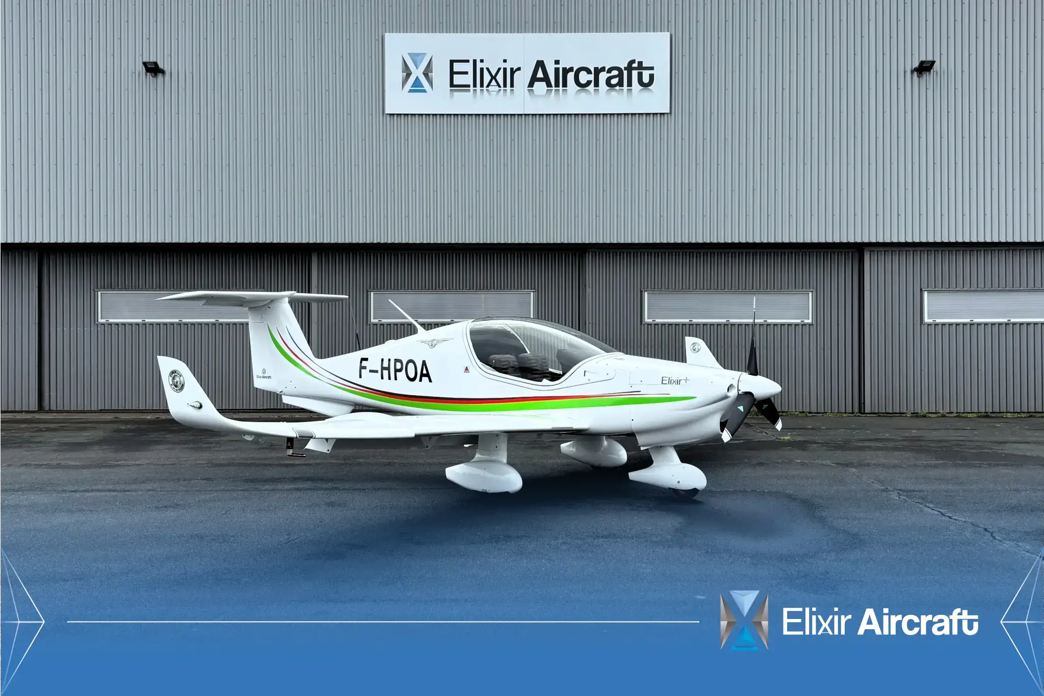 Cirrus Aviation's Elixir Aircraft in from of Elixir's hangar
