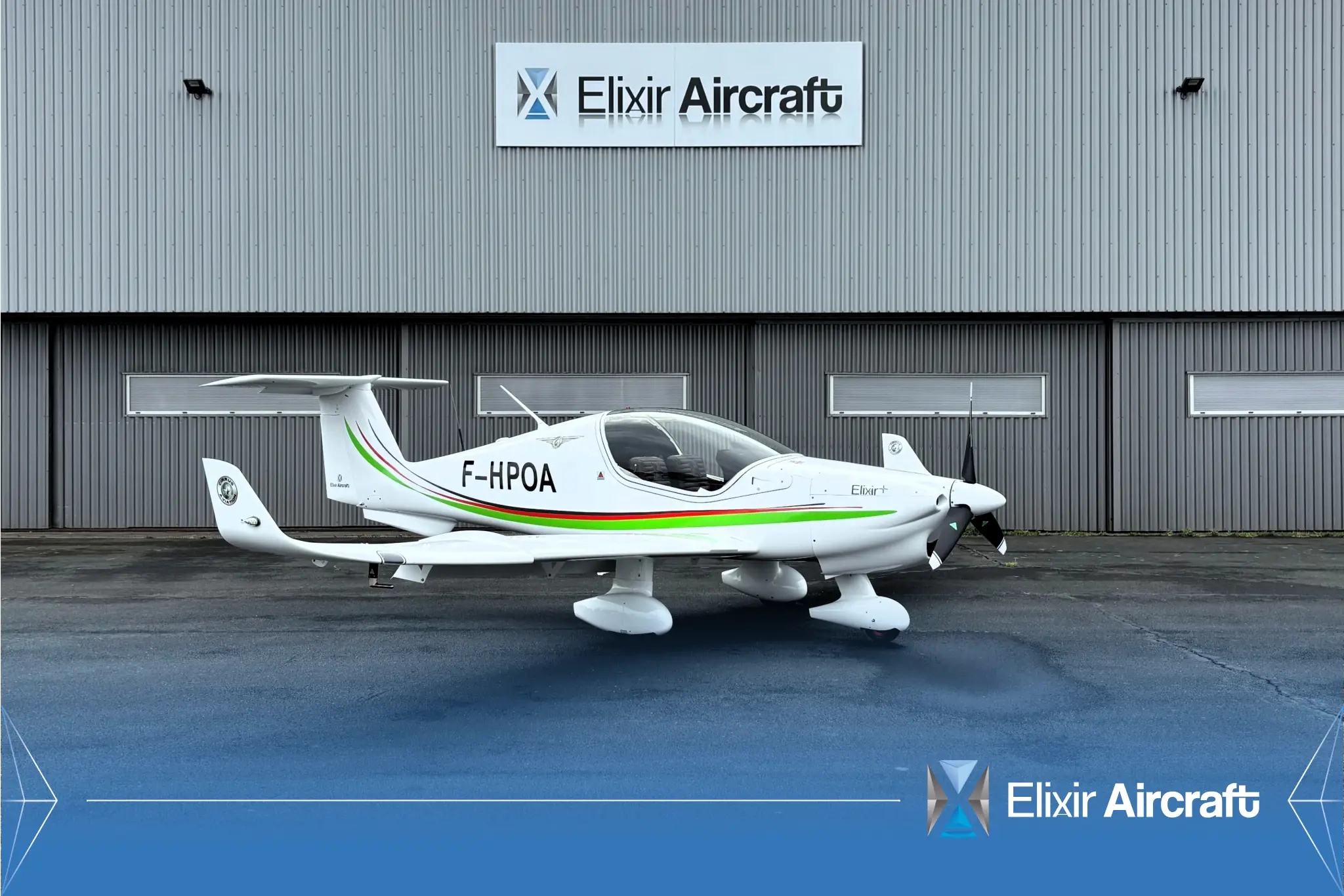 Cirrus Aviation's Elixir Aircraft in from of Elixir's hangar