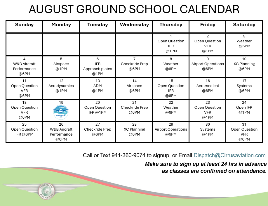 Cirrus Aviation's August Ground School calendar