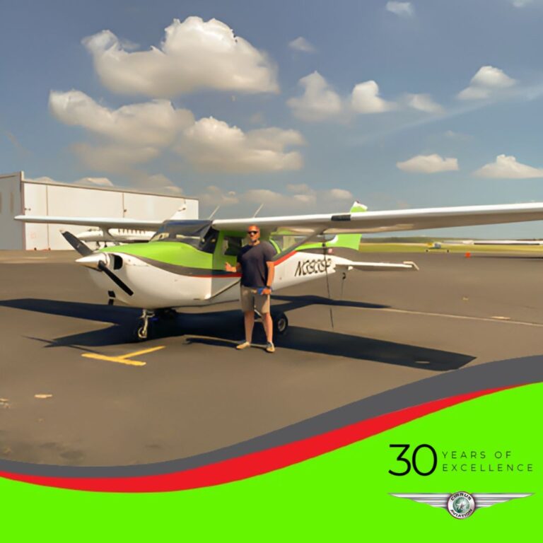 Student standing in front of a Cessna aircraft, Cirrus Aviation watermark at the bottom of the image