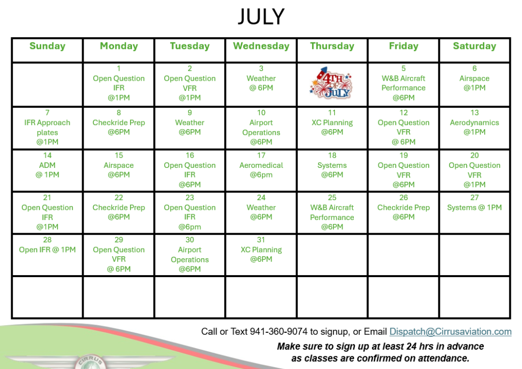 Cirrus Aviation's ground school calendar for July, 2024