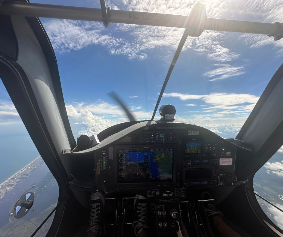 View from inside the cockpit of a Pipistrel Alpha Trainer airplane flying