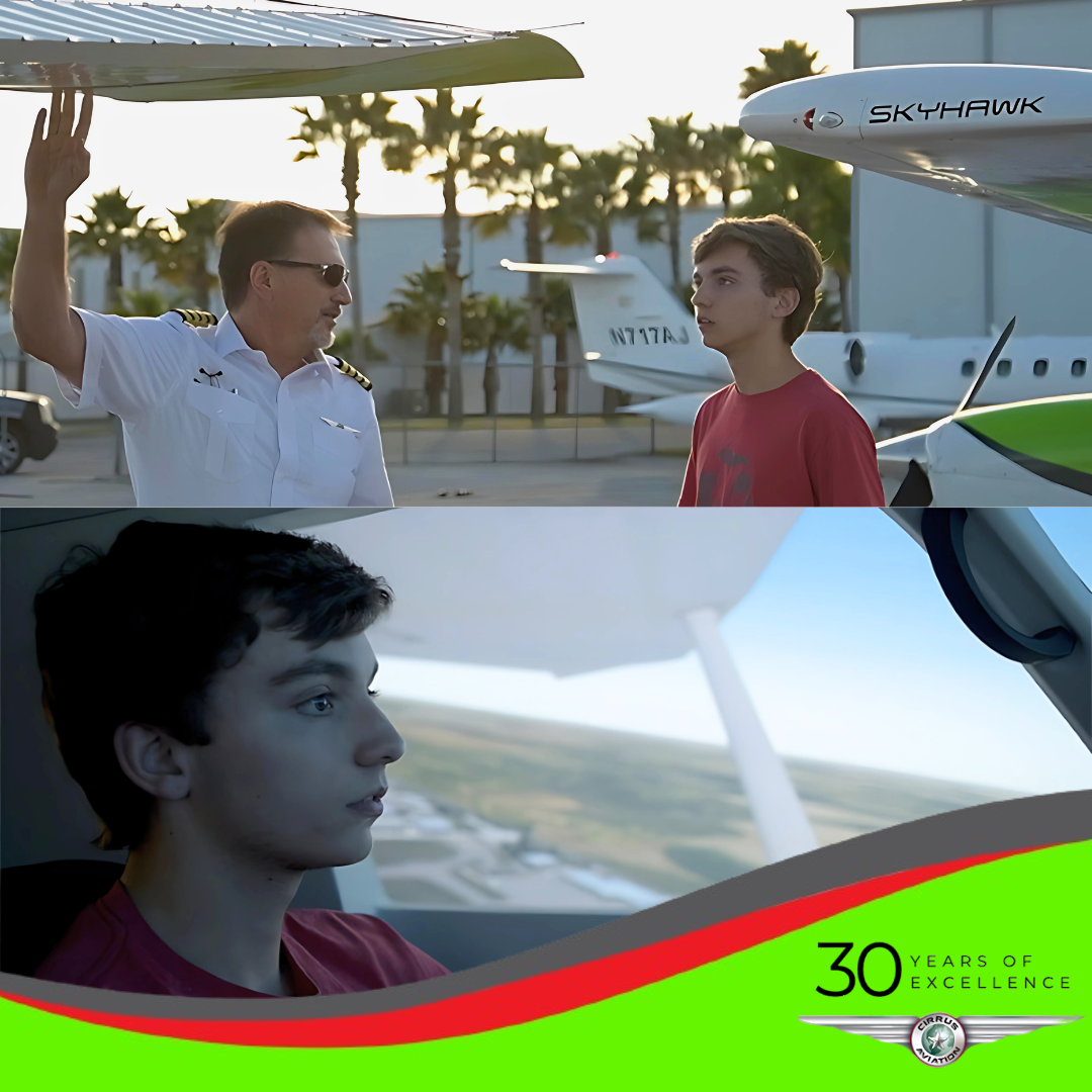 Split image. Top: Pilot and student. Bottom: Student in aircraft. Cirrus Aviation logo in the bottom right
