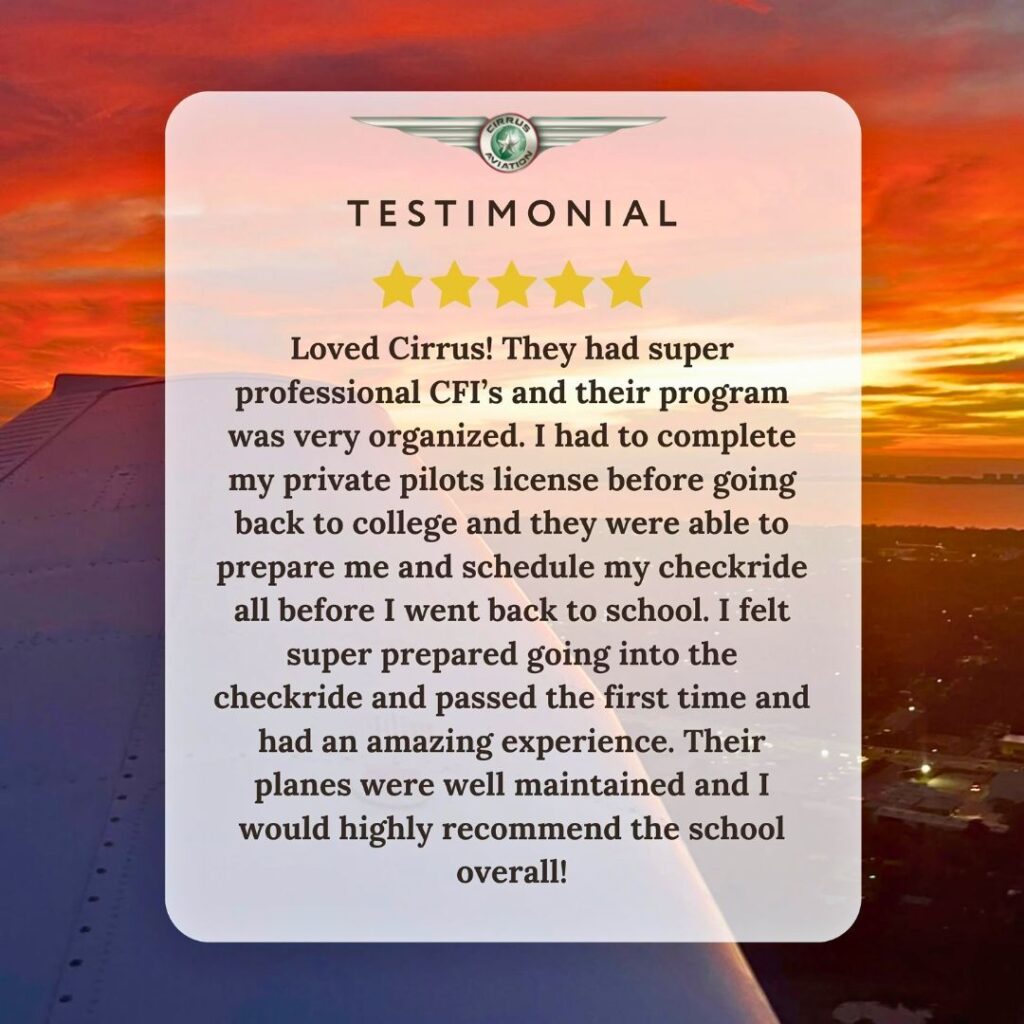 Student testimonial card with the background of an airplanes wing during flight and the sunset